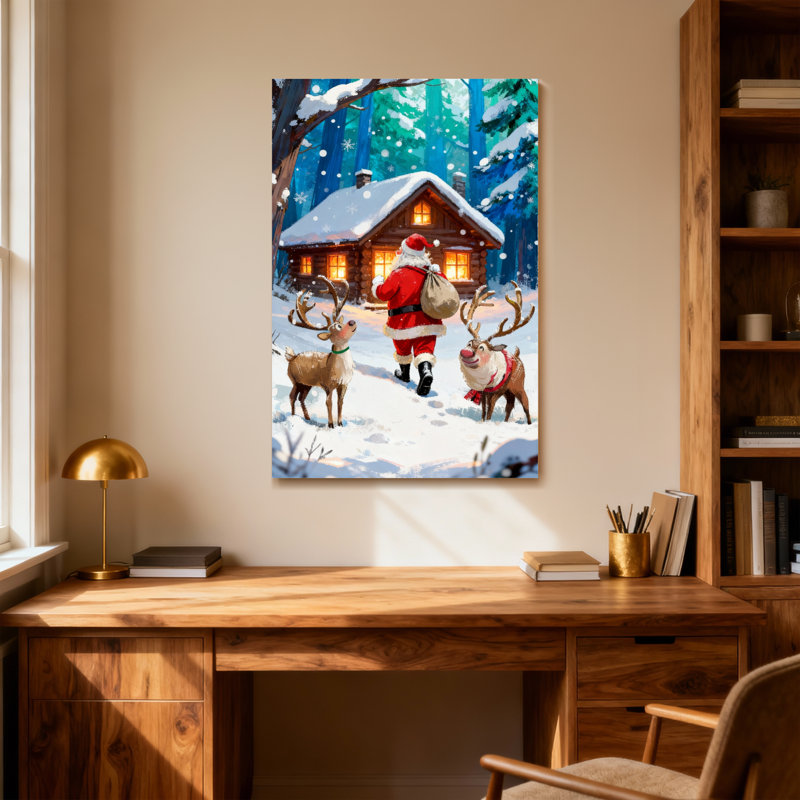 Noël père Noël marchant avec un renne dans la forêt enneigée, H 24 po x l 16 po
