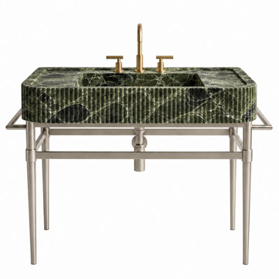 Bathroom Sink with Marble Basin, Solid Metal Legs and Marble Shelf, Freestanding Console Basin