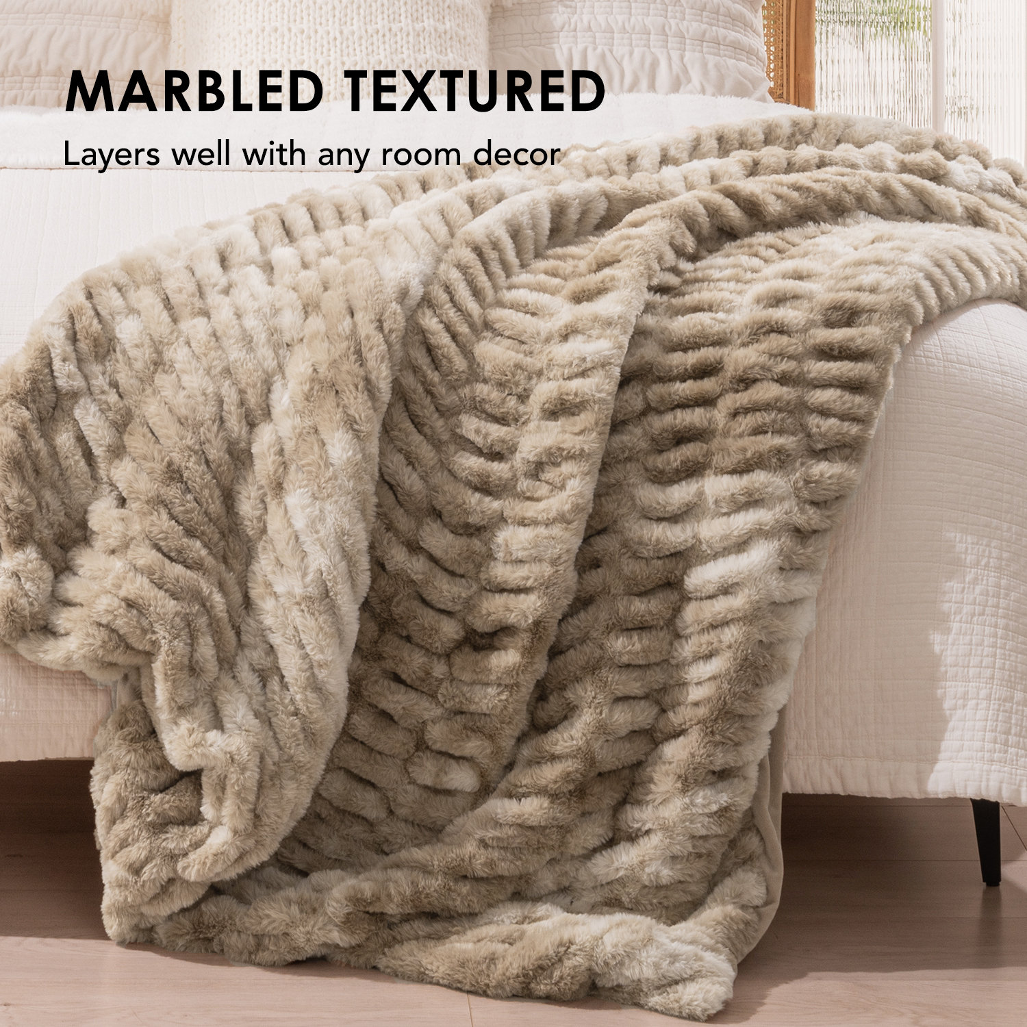 Ruched Bubble Faux Fur Throw Blanket, 50" W x 60" L, Beige