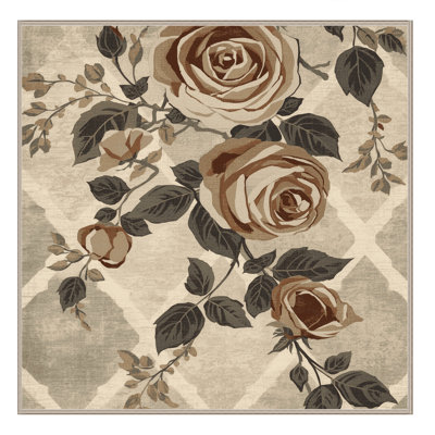 Machine Washable Ortencia Climbing Rose Traditional Trellis Rug in Beige – Beige Binding