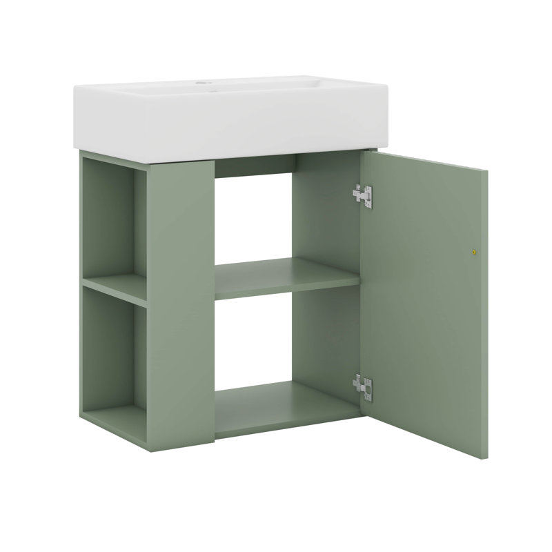 Meuble-lavabo flottant moderne avec lavabo en céramique, rangement à gauche, Vert