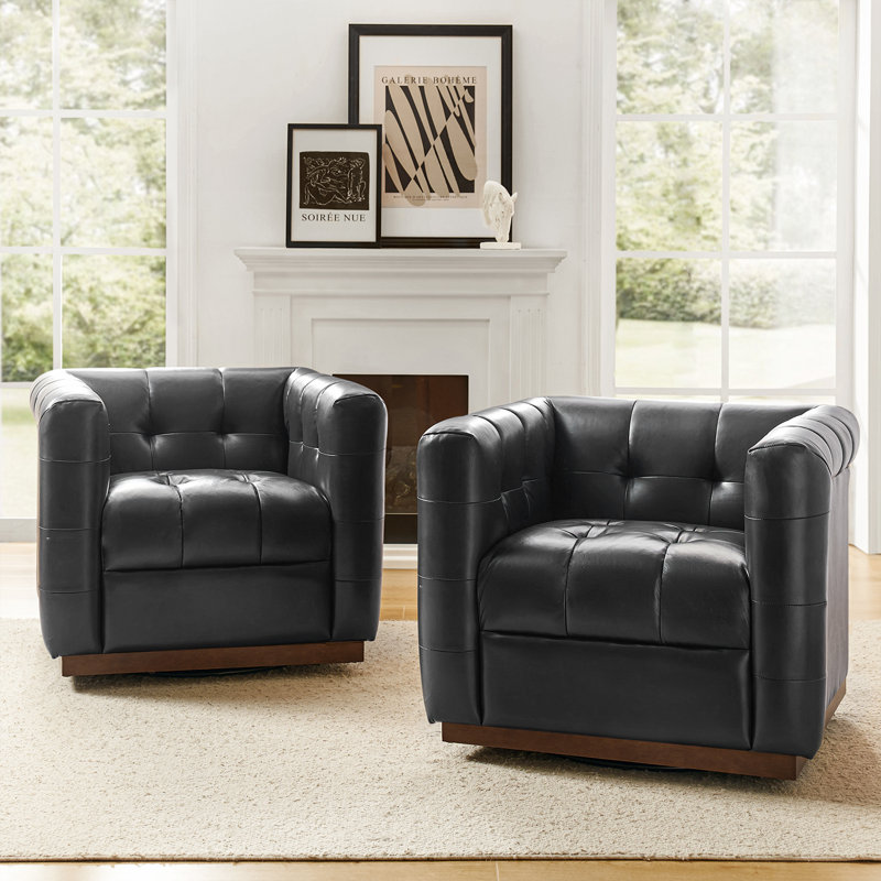 Fauteuil club pivotant carré en cuir véritable l 32,5 po Sonika, Noir