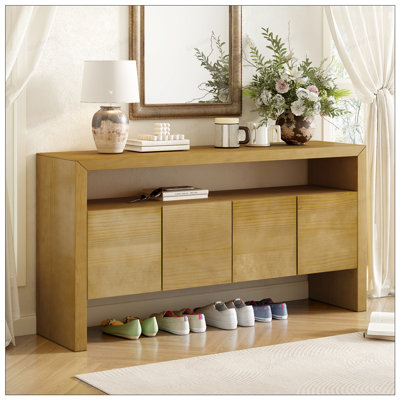 Buffet 4 portes, placage de bois massif minimaliste moderne avec tablette ouverte, grain de bois naturel, rangement de grande capacité pour le salon, le couloir et la salle à manger