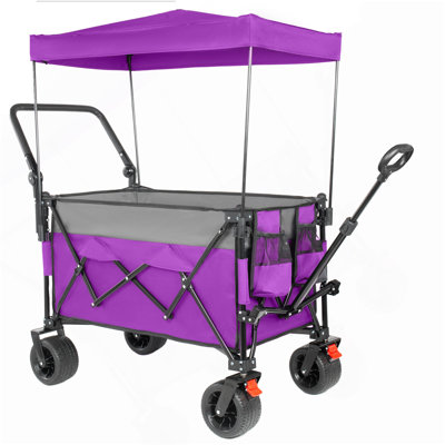 Chariot pliant multifonctionnel avec chariot pivotant et poussoir avec poignée rotative et auvent, roues et freins tout-terrain de 7 po x 4 po, capacité de charge de 480 lb, grande capacité de transport de 300 L, épicerie, utilisation à l'extérieur, mauve