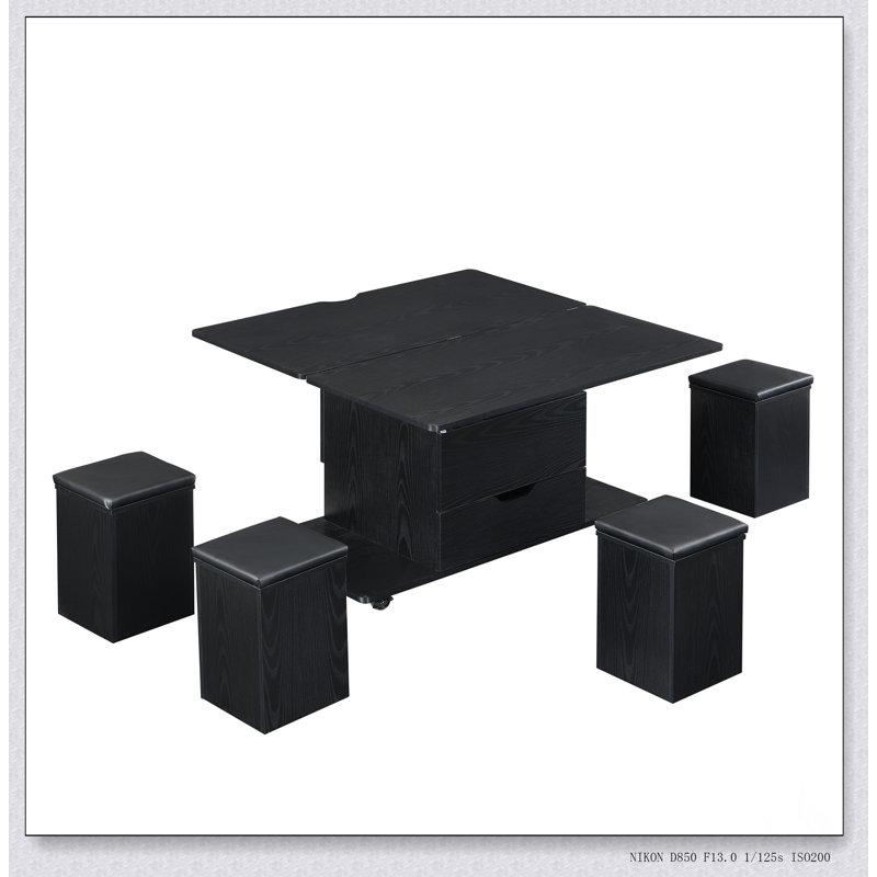 Table basse multifonctionnelle à plateau relevable avec rangement caché et tabourets, parfaite pour les espaces de vie modernes