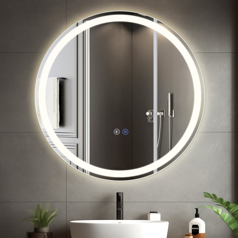 Citlally Circle Lighted Aluminium Framed Wall Accent Mirror in Silver, 80cm x 80cm.