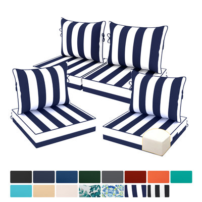 24 x 28 In Patio Furniture Cushions set of 4, Fade Resistant Outdoor Seat Cushions with 4 pairs of Ties, Deep Seat Cushion for Seat Patio Chairs, Rattan Furniture, Wicker Seating, outdoor Adirondack Chair,Blue And White Stripes