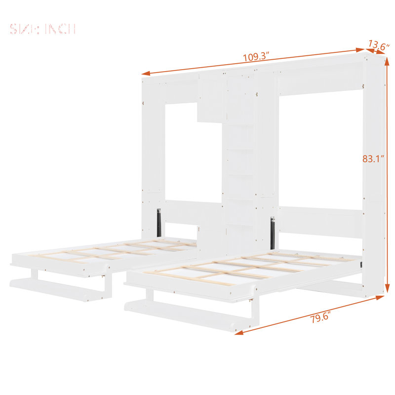 Lits simples escamotables doubles avec armoires et tablettes, finition blanche, conception peu encombrante, lits muraux modernes