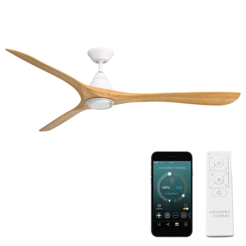 Ventilateur de plafond intelligent à 3 pales en bois naturel Carve avec télécommande incluse, 72", Blanc mat / chêne miel