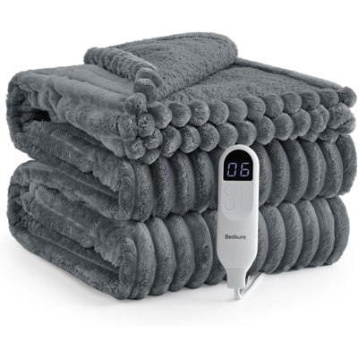 Electric Blanket - Thick Striped Flannel Heated Blanket with 6 Heat Settings, Heating with 10 Time Settings