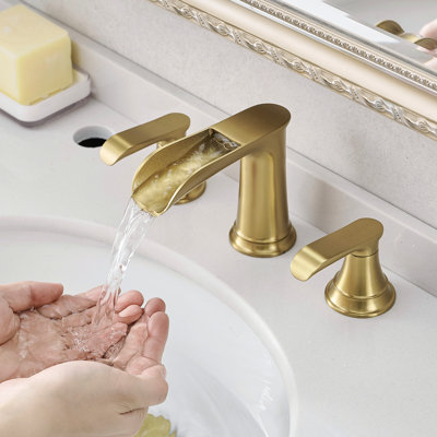 3 Hole 8 Inch Widespread Bathroom Faucet, Gold, Double Lever Handle, Pop Up Drain And Hose Package Tap, Hole, With Unit Kit