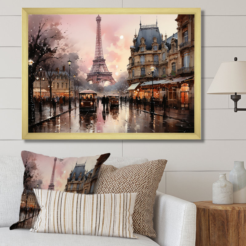 «Pink Twilight Rendezvous In Paris I», art mural de Paris pour le salon, H 16 po x l 32 po, Cadre photo unique, Doré