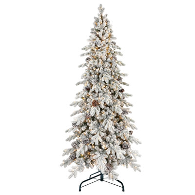 Arbre de Noël 6 pi en PE / PVC floqué avec 600 lumières DEL blanc chaud - 935 pointes, 31 pommes de pin naturelles, effet enneigé, branches articulées, base en métal
