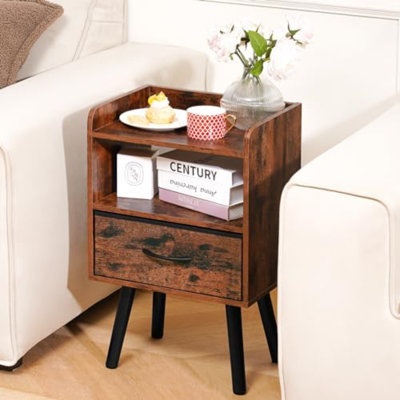 Table de chevet avec tiroir en tissu, table de chevet moderne, tables de chevet, tables de chevet Mid Century avec tablette de rangement ouverte, table de chevet en bois, petites tables de chevet pour chambre à coucher, table de chevet à 2 niveaux