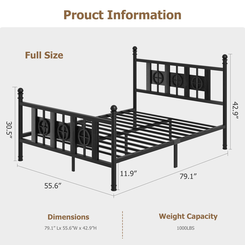 Structure de lit en métal, structure de lit plateforme moderne en fer avec tête et pied de lit, Black, Full / Double