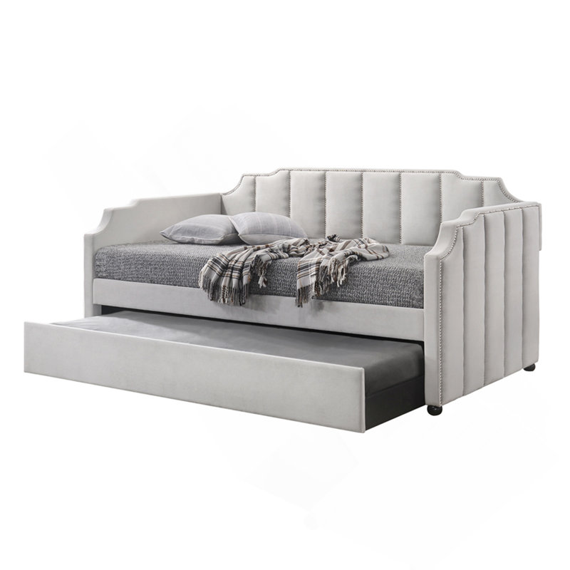 Lit de jour en velours gris tourterelle avec couchette (simple)