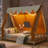 Full-Size Kids House Bed with Tent & LED Lights, Brown House-Style Canopy Floor Bed-1741062468-1741062475