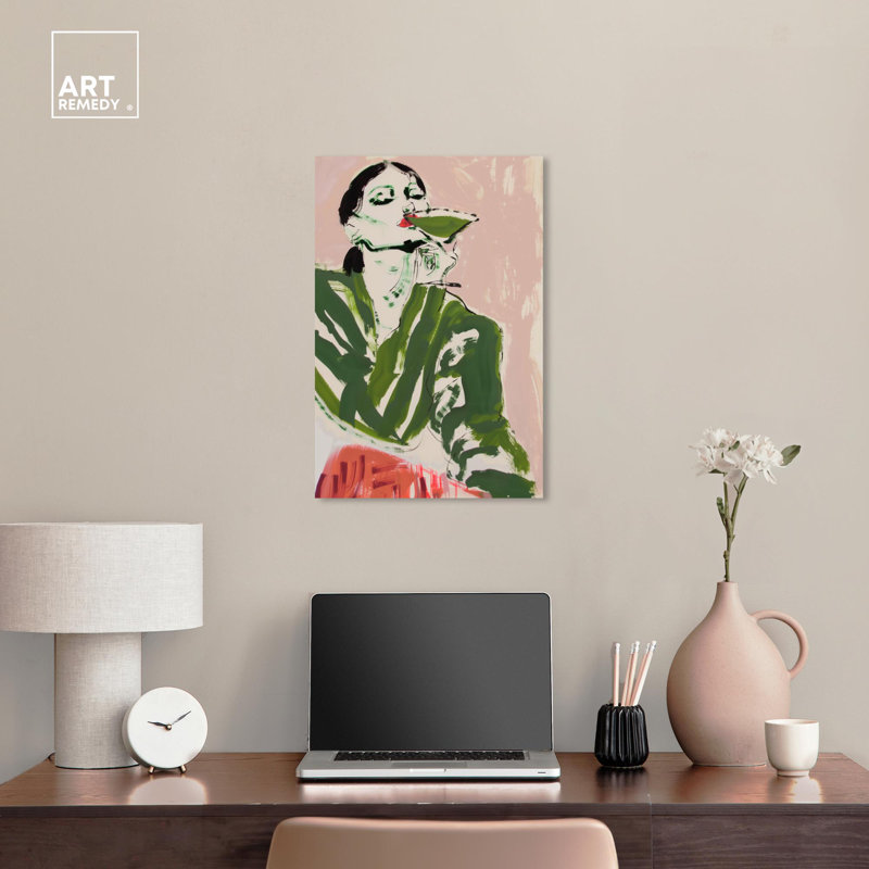 «Green Martini Girl», art mural coloré Boho par Art Remedy, Toile tendue, H 36 po x l 24 po