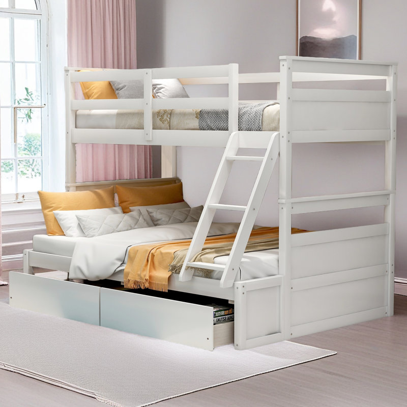 Lit simple superposé au dessus d'un lit double avec rangement, Blanc