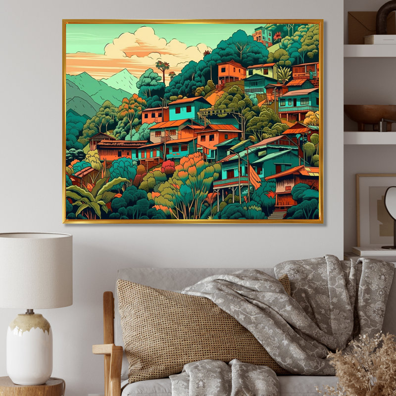 «Small Town Village IV», reproduction sur toile, H 12 po x l 20 po x P 1 po, Cadre flottant doré