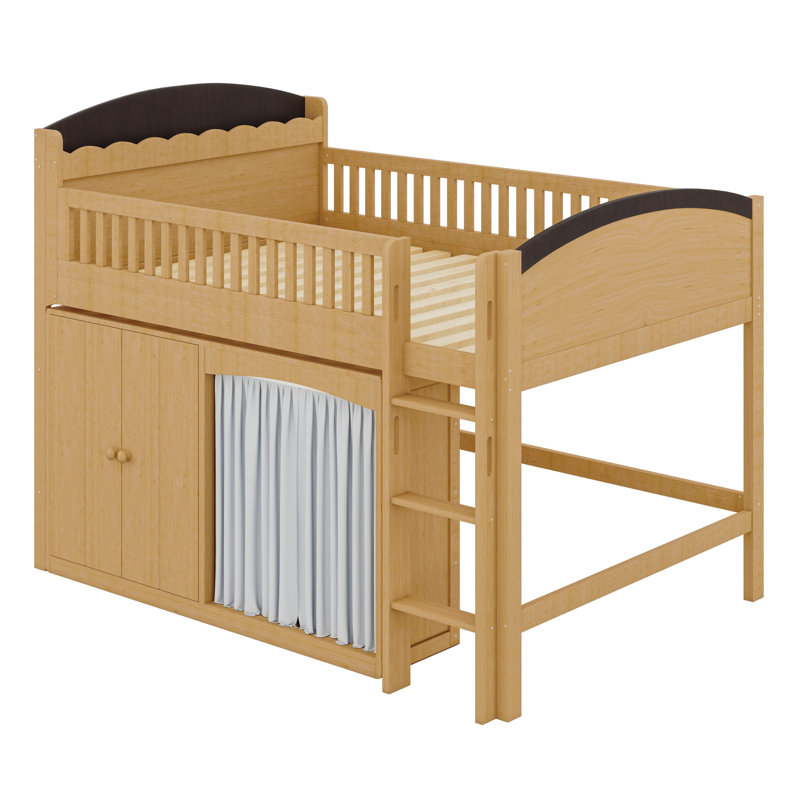 Modern Loft Bed with Storage Cabinet, Wardrobe and LED, Wood Color+Espresso
