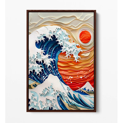 The great wave of kanagawa as paper art Canvas Floater Frame Print Picture Art - Walnut Frame