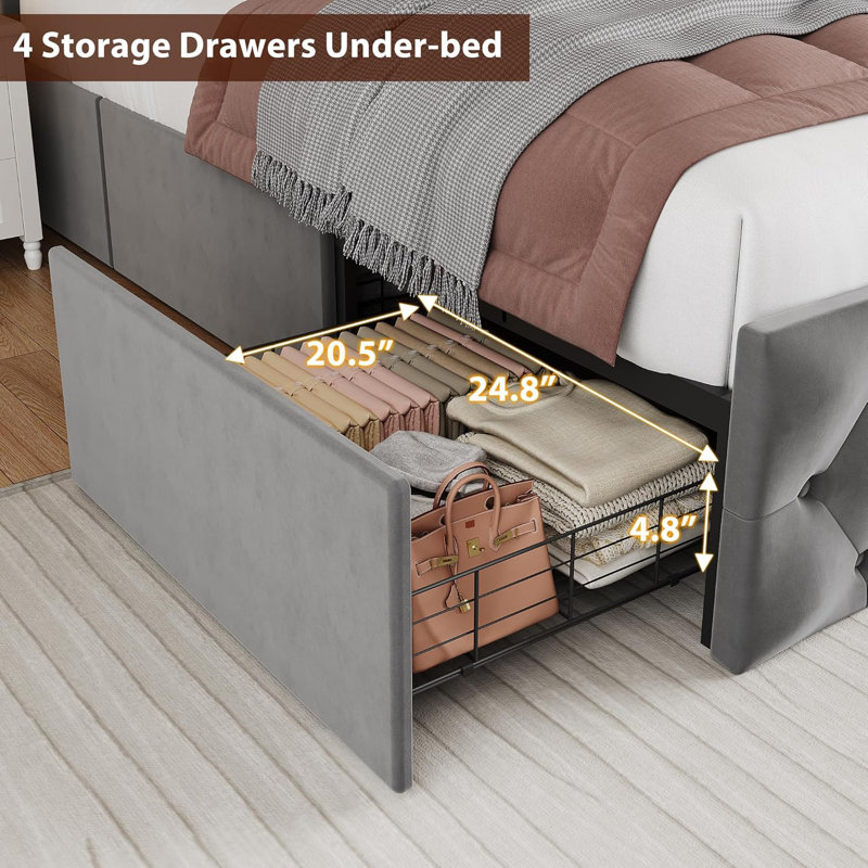 LED Bed Frame With Charging Station And 4 Storage Drawers, Velvet Upholstered Platform Bed Frame With Wingback Headboard, Button Tufted/No Box Spring Needed/Grey