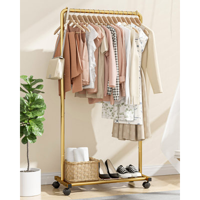 Clothes Rack - Clothing Rack with Storage Mesh Shelf & Casters, Heavy-Duty Metal Clothing Rack for Hanging Clothes, Dresses, Coats, Large Load Capacity, Easy Assembly, Gold, 28.0"x16.9"x59.0"
