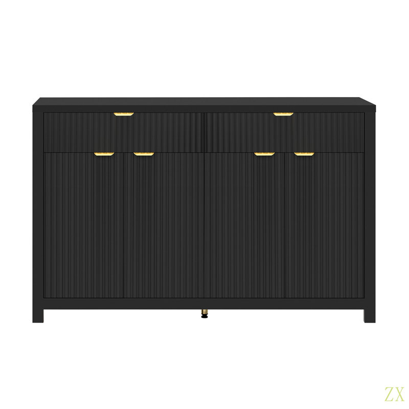 Modern Wave-Pattern Sideboard Cabinet With 2 Drawers And 4 Doors, 3-Level Adjustable Shelves, Aluminum Arc Handles, Scandinavian Style Suitable For Entryway, Living Room, Foyer
