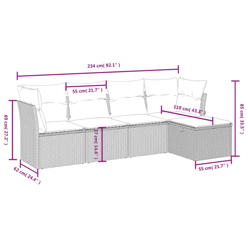 Ensemble de canapé de jardin en rotin PE Vidaxl, acier thermolaqué, polyester