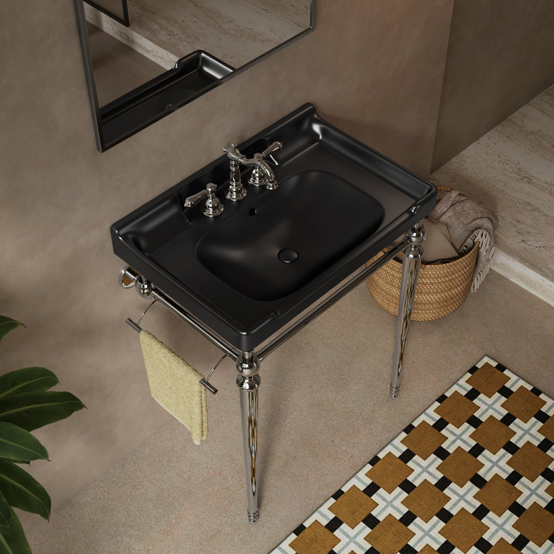 Lavabo de salle de bain 28 po, meuble-lavabo mural en céramique noire avec 3 trous de robinet pré-percés, Argent argent, 28"