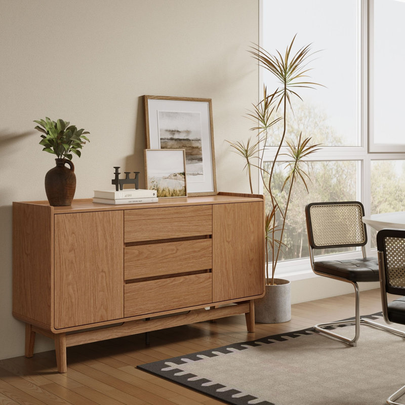 Oak Finish Manufactured Wood 55-Inch Wide Sideboard Cabinet with 3-Drawers