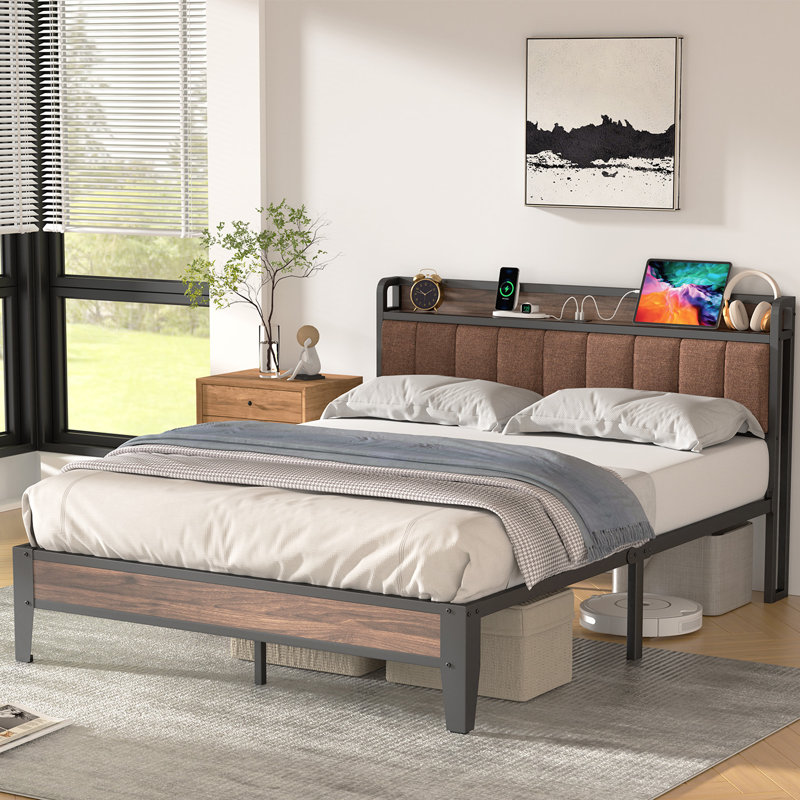 Upholstered Bed Frame with Charging Station and Storage Headboard, Brown, Queen