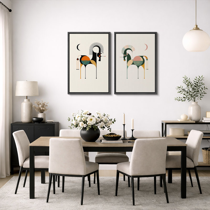 Art moderne et moderne, cheval, art animalier géométrique minimaliste, impression sur toile encadrée, 2 pièces