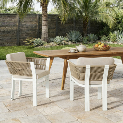 Ensemble de 2 chaises de salle à manger d'extérieur, structure en aluminium blanc avec coussin beige, capacité de 300 lb, sièges de patio toutes saisons pour la cour, la terrasse et le jardin