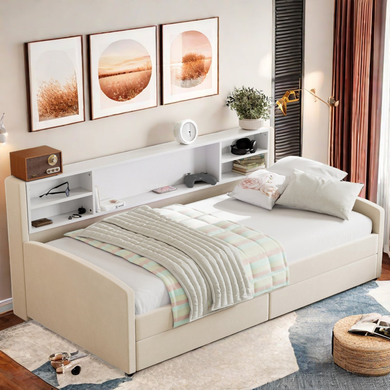 Dunbabin Velvet Upholstered Platform Bed with Storage Shelves and 2 Drawers, Beige