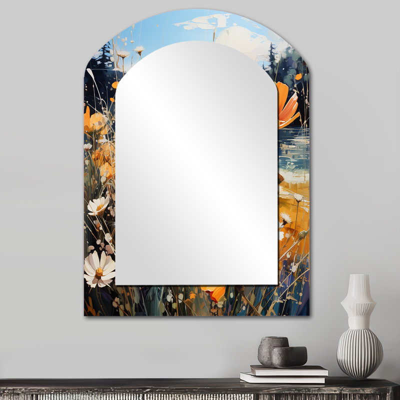 Sunny Meadows - miroir décoratif asymétrique paysager, miroir mural arqué jaune, impression d'art en métal, 34 po x 25 po