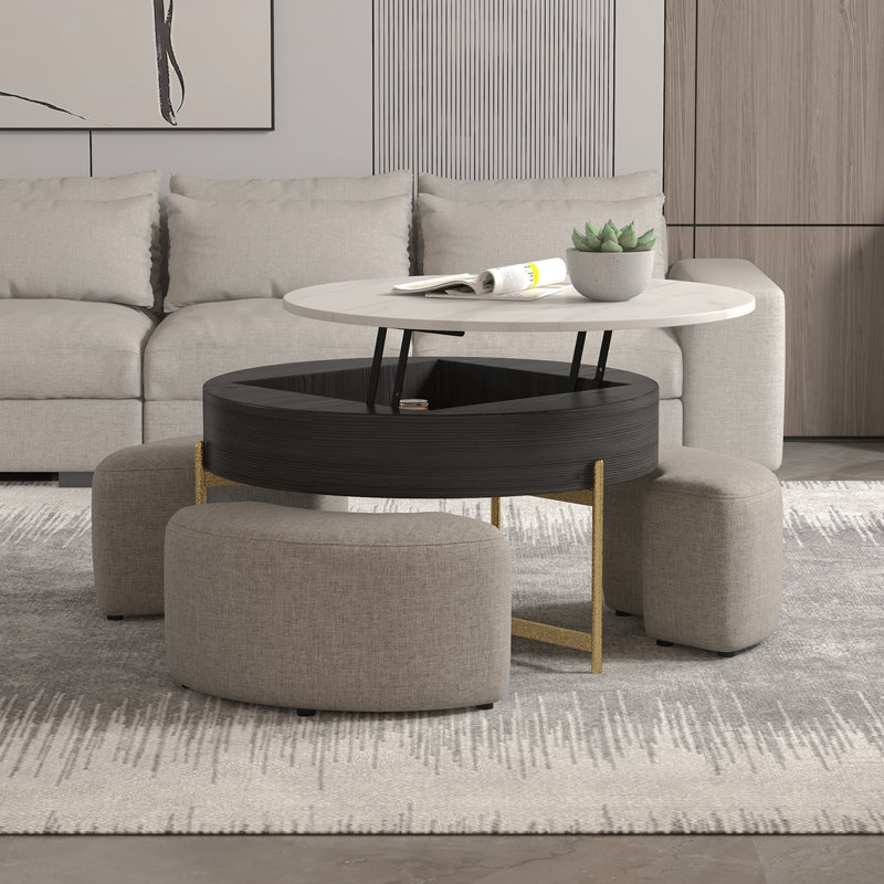 Round Lift-Top Coffee Table Set, White/Black