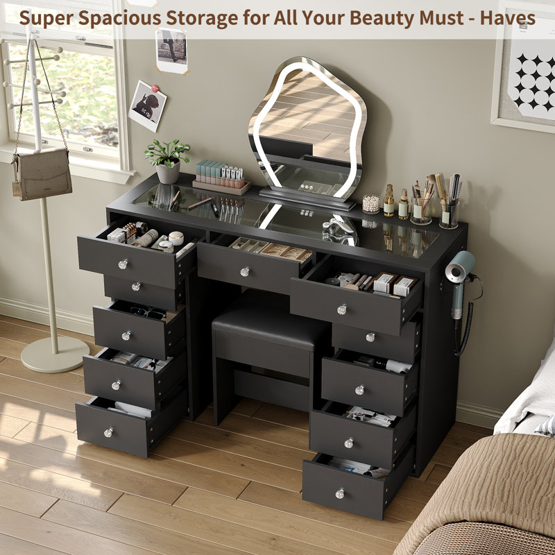 Vanity Desk Without Mirror, Makeup Vanity With 11 Drawers And Charging Station, White Vanity With Storage For Bedroom, Home Office Computer Desk For Bedroom