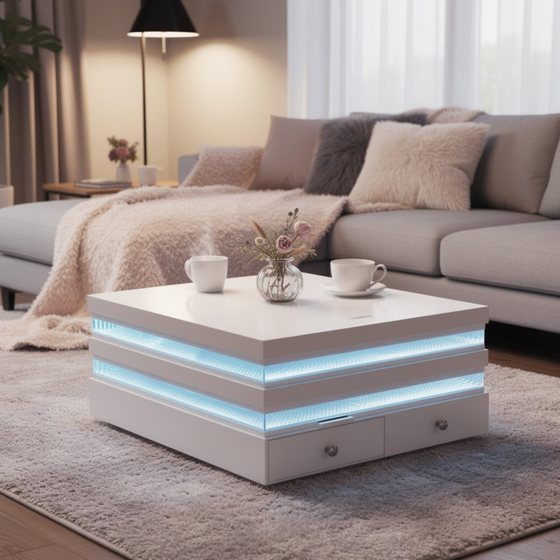 Table basse Lesi, plateau en verre de 47 po, 2 tiroirs, blanc glamour à DEL