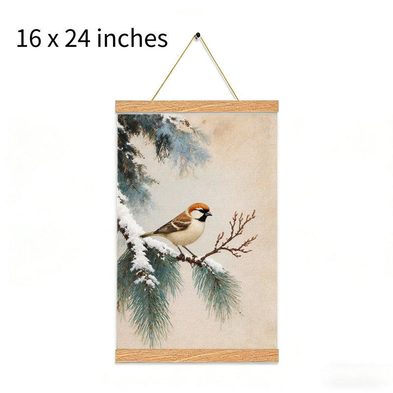 Hiver, branche enneigée, art mural à volutes suspendues, cintre en bois intégré, l 16 x L 24
