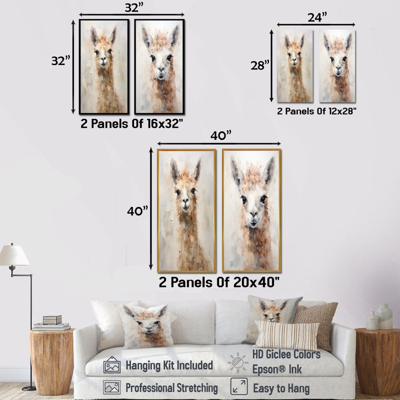Minimalisme grunge Alpaca Portrait - Alpacas, ensemble de 2 reproductions d'art sur toile, Cadre blanc, H 40 po x l 41 po