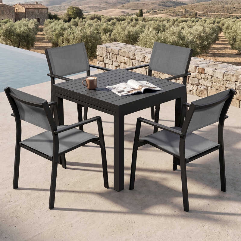 5 Pieces Expandable Patio Dining Set, Never-Rust Aluminum Outdoor Dining Table Set, 32"-65" Extendable Dining Table and Stackable Textilene Dining Chairs for Garden, Deck, Indoor, Black