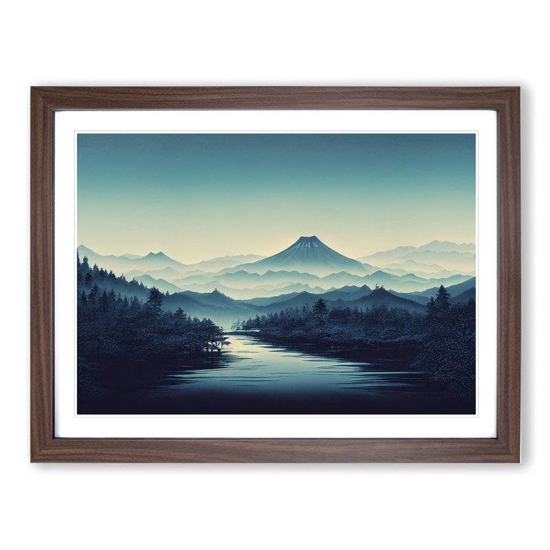 Japanese Forest Mountains - Single Picture Frame Print, 34cm H x 46cm W x 2cm D, Walnut