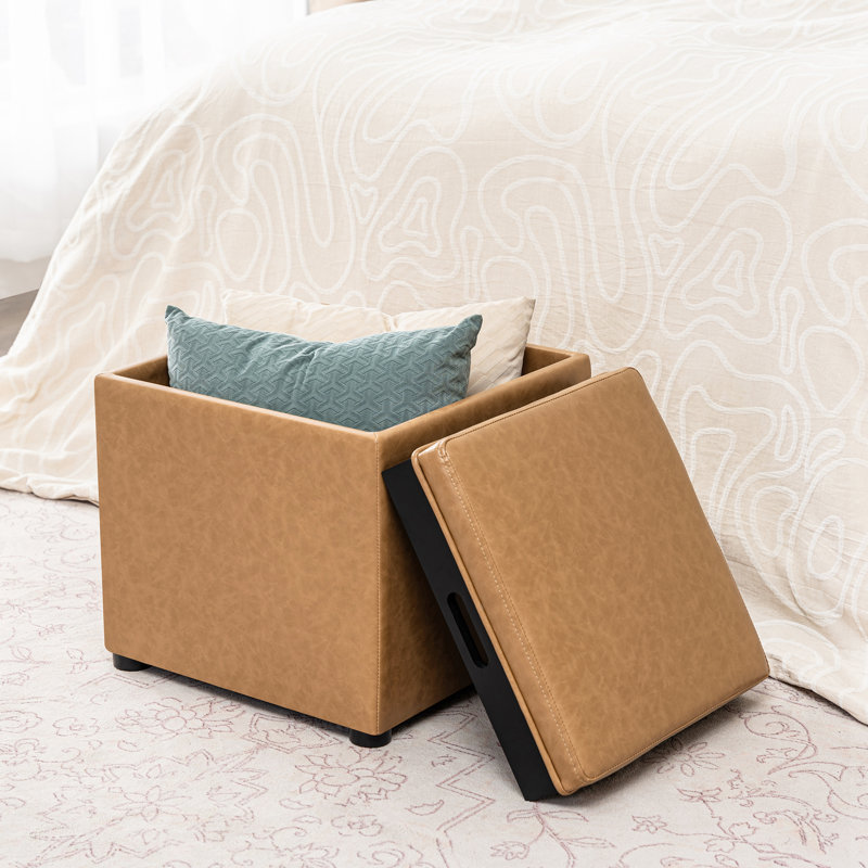 17.7" Faux Leather Storage Ottoman With Reversible Tray Top, Yellowish