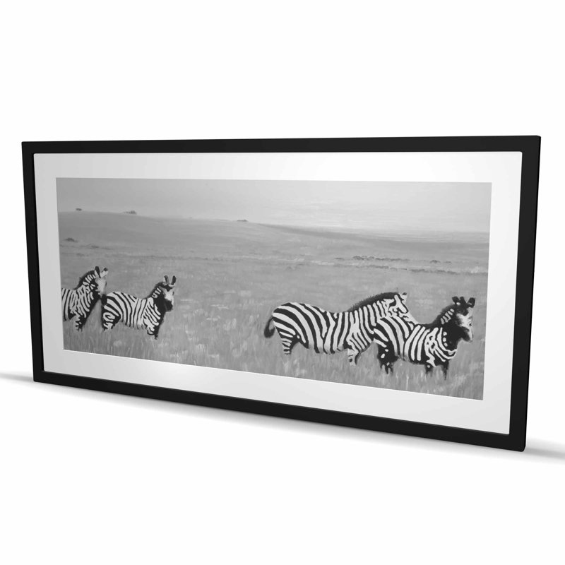 Zebras in the Savannah - Grey Wildlife Framed Matted Print, Black