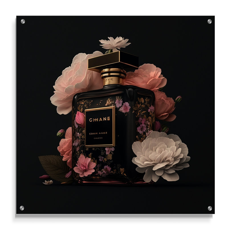 «Elegant Floral Perfume Bottle II», art mural acrylique à la mode, H 16 po x l 16 po