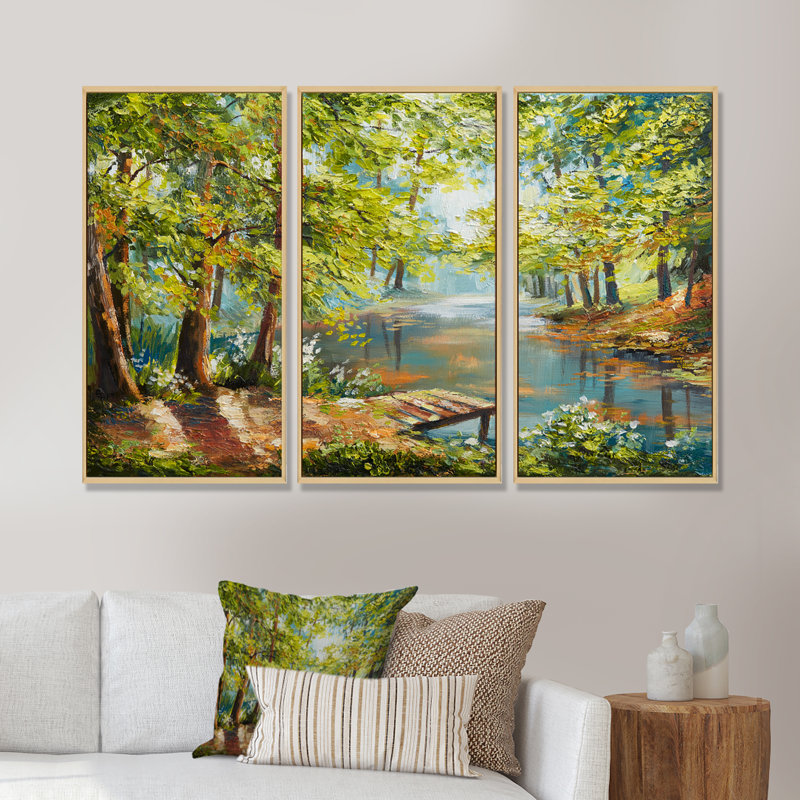 Forêt d'automne avec rivière méandreuse - ensemble de 3 toiles encadrées Lake House, H 20 po x l 36 po, Érable