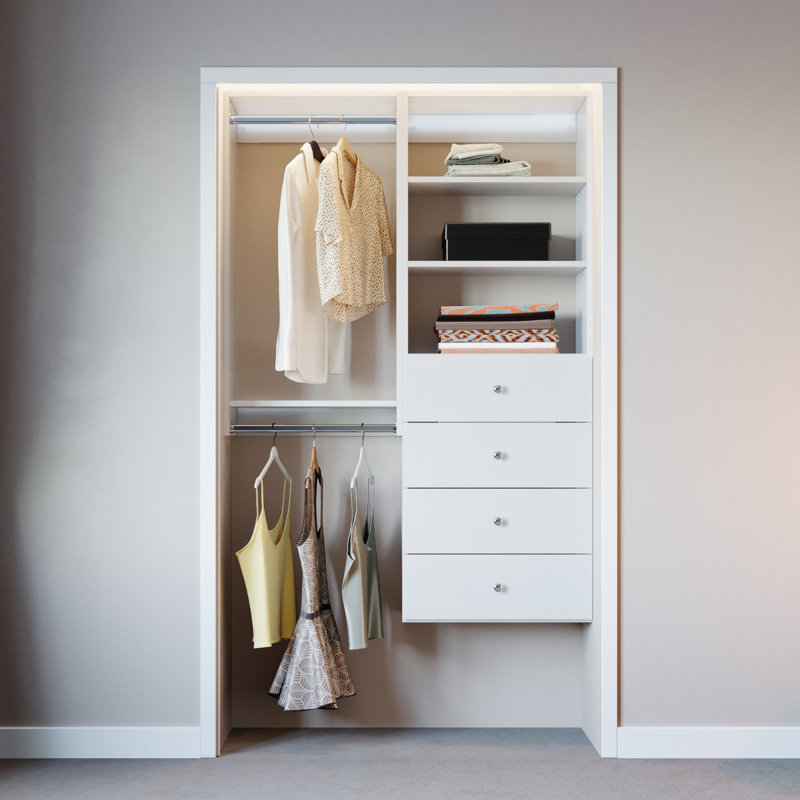 White Wood Compact Closet Kit with Shelving, 60" Wide