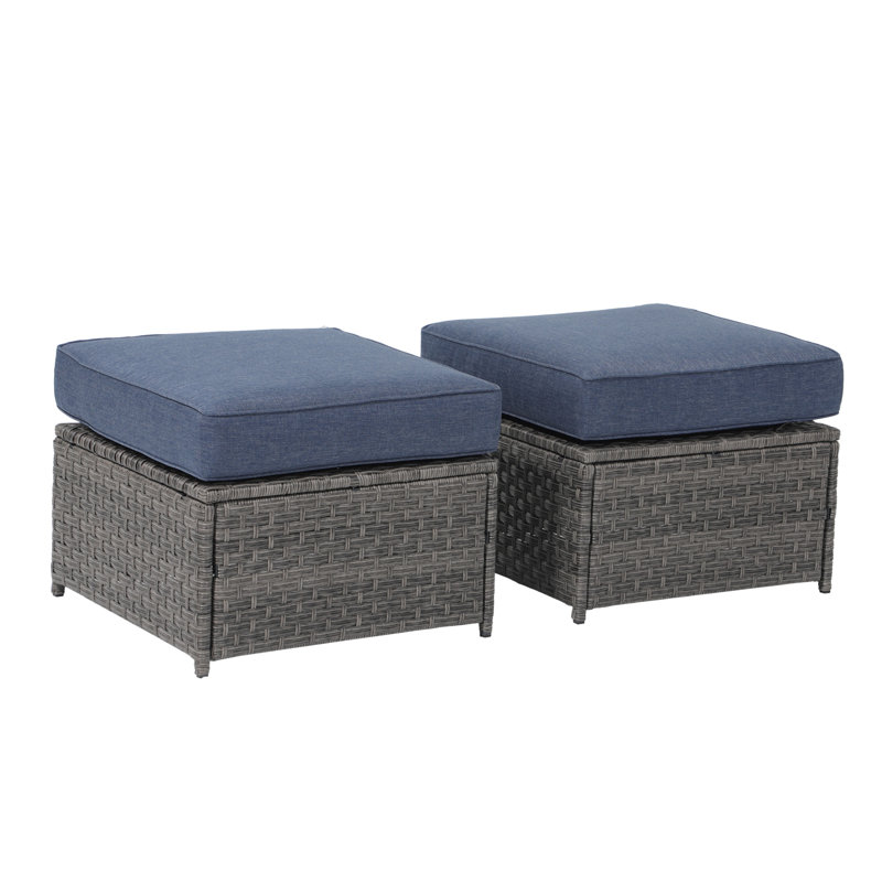 Repose-pieds d'extérieur en osier avec coussin Yoleth, Bleu marine